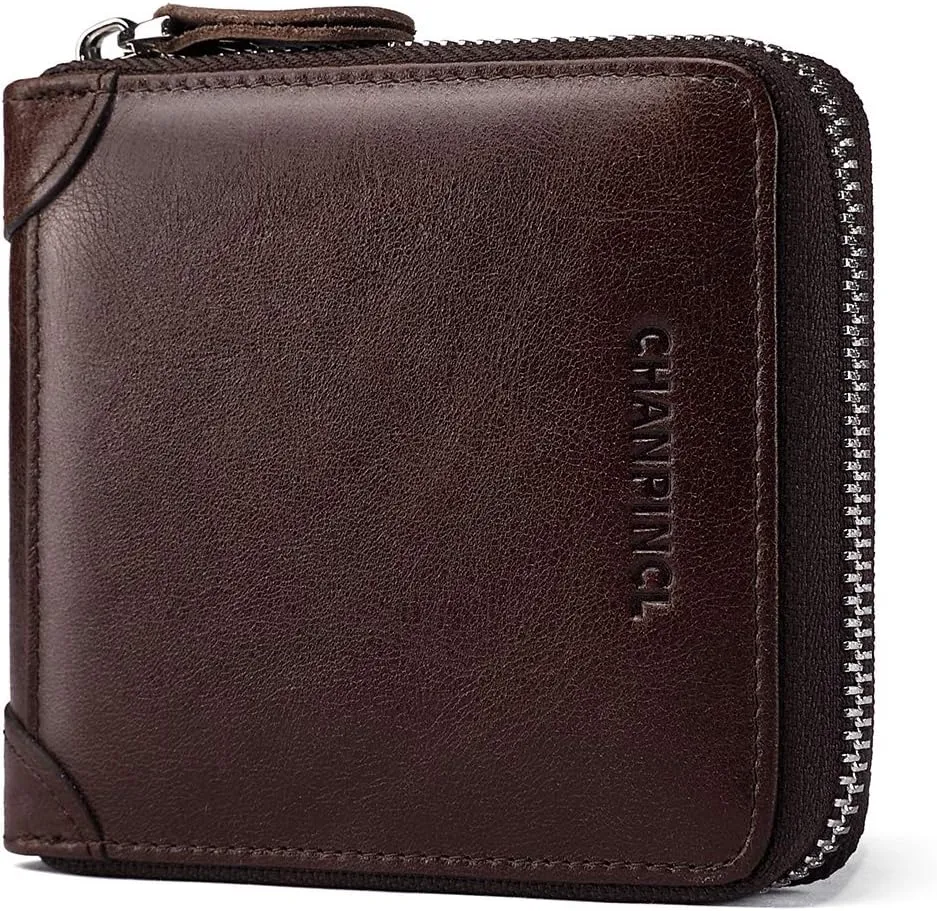 Mens Genuine Leather Zipper Wallet RFID Secure Large Capacity Double Fold Multi-card Leather Wallets for Men and coin purse