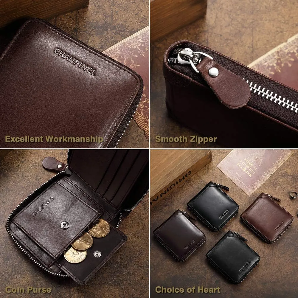 Mens Genuine Leather Zipper Wallet RFID Secure Large Capacity Double Fold Multi-card Leather Wallets for Men and coin purse