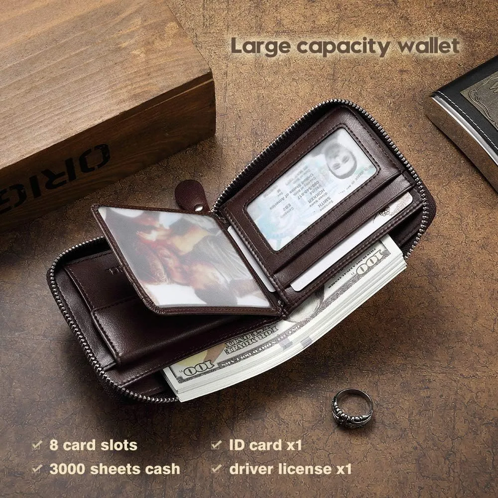 Mens Genuine Leather Zipper Wallet RFID Secure Large Capacity Double Fold Multi-card Leather Wallets for Men and coin purse