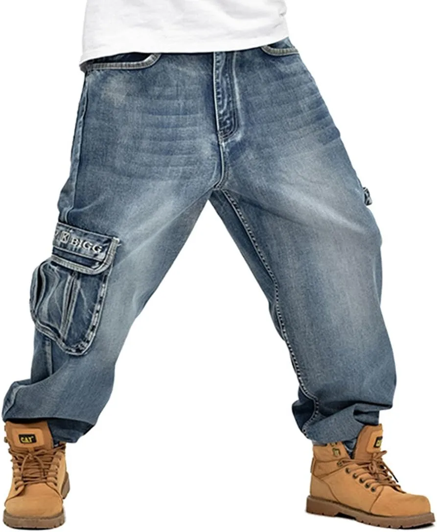 Men's Hip Hop Light Denim Cargo Long Vintage Jeans