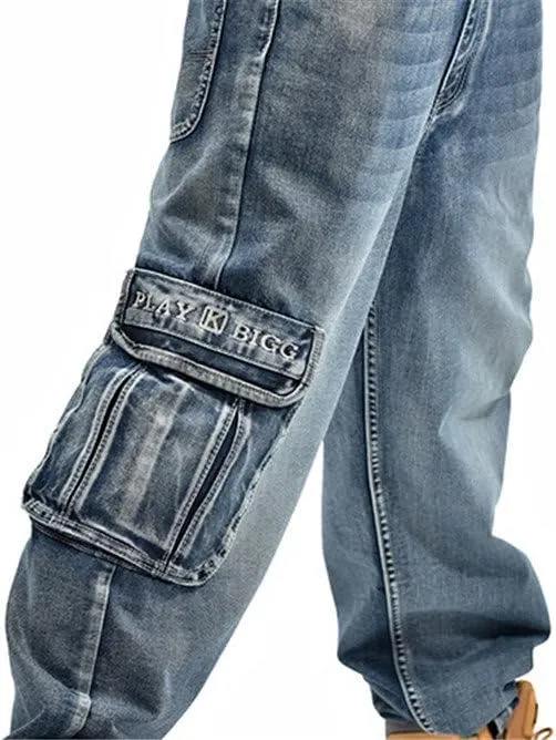 Men's Hip Hop Light Denim Cargo Long Vintage Jeans