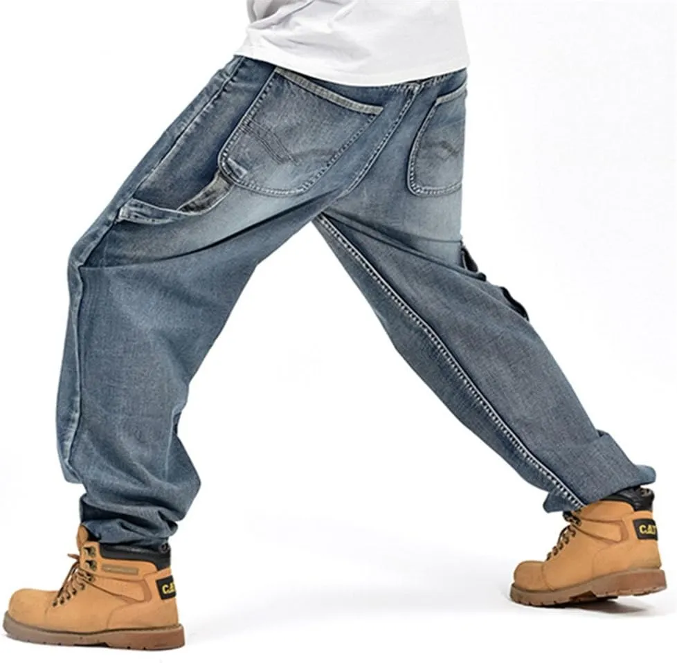 Men's Hip Hop Light Denim Cargo Long Vintage Jeans
