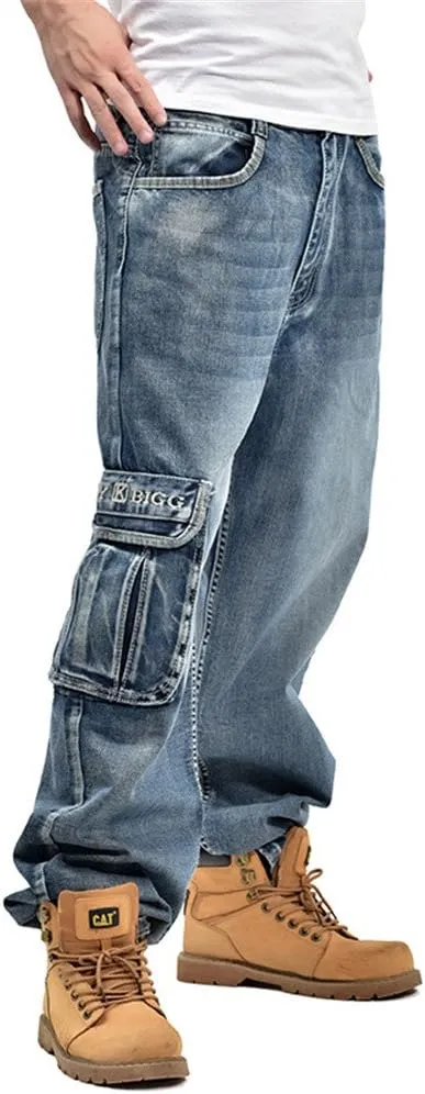 Men's Hip Hop Light Denim Cargo Long Vintage Jeans