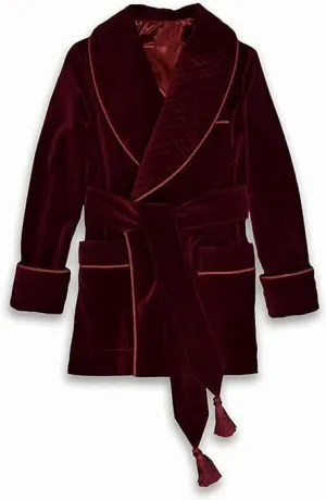 Men's Maroon Velvet Smoking Jackets Robes Quilted Cord Piping Smoking Robes Coats Party Wear