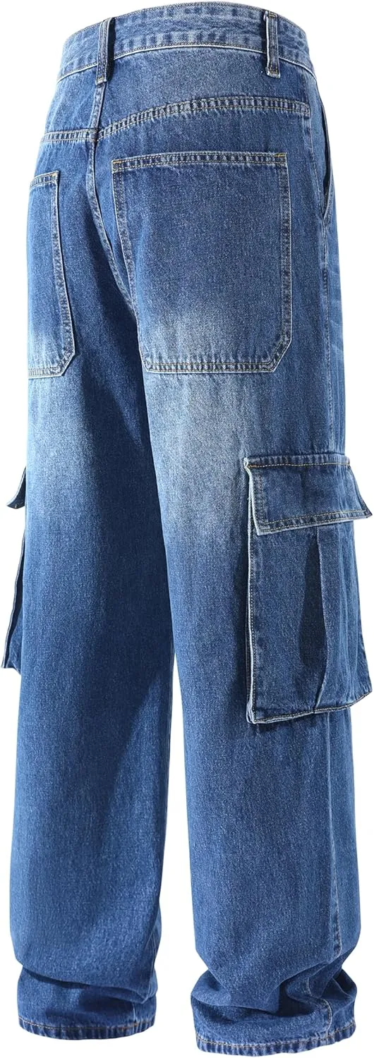 Men's Non-Stretch Loose Fit Wide-Leg Baggy Cargo Jeans Pants
