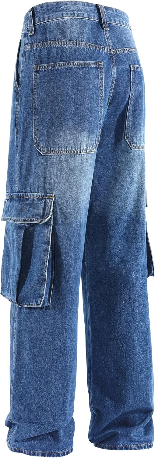 Men's Non-Stretch Loose Fit Wide-Leg Baggy Cargo Jeans Pants