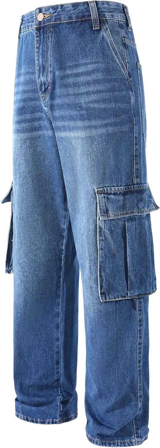 Men's Non-Stretch Loose Fit Wide-Leg Baggy Cargo Jeans Pants