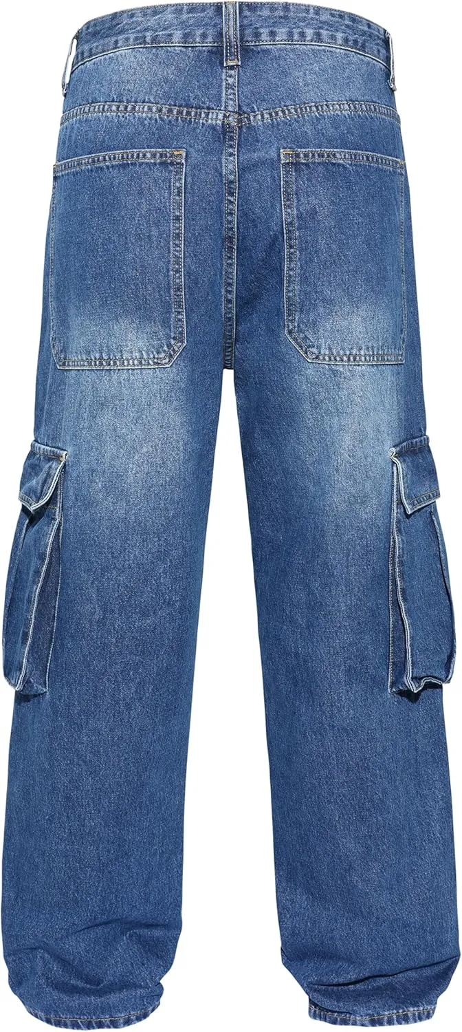 Men's Non-Stretch Loose Fit Wide-Leg Baggy Cargo Jeans Pants