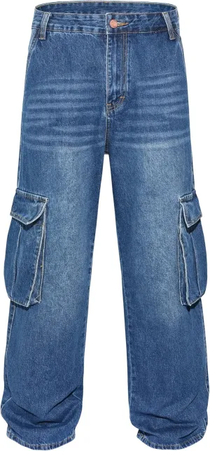 Men's Non-Stretch Loose Fit Wide-Leg Baggy Cargo Jeans Pants