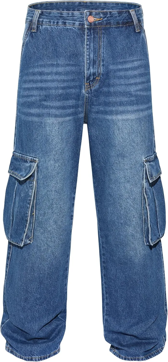 Men's Non-Stretch Loose Fit Wide-Leg Baggy Cargo Jeans Pants