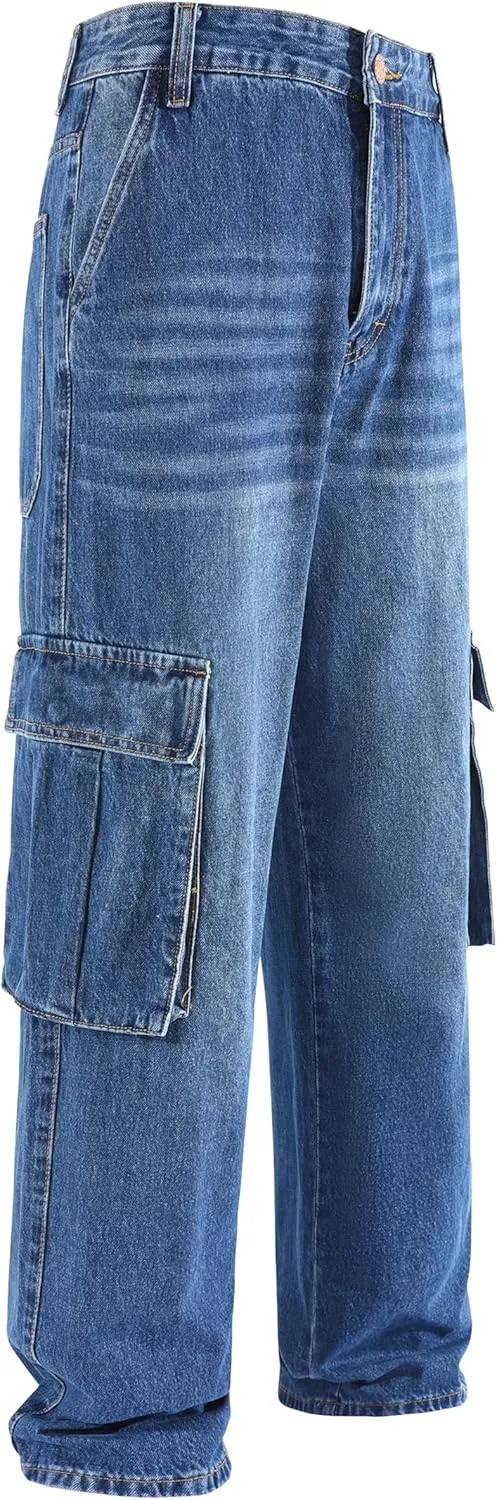 Men's Non-Stretch Loose Fit Wide-Leg Baggy Cargo Jeans Pants