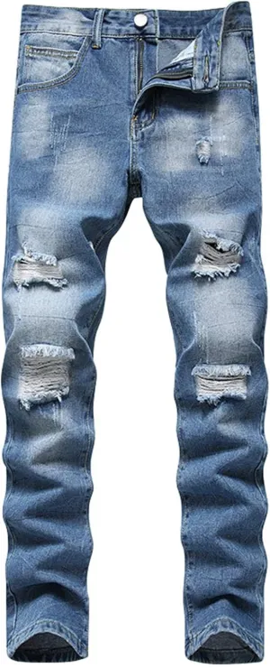 Men's Regular Fit Comfort Jean Frayed Pants Distressed Rip Trousers Straight Leg Jeans Men Mens Jeans Big and Tall