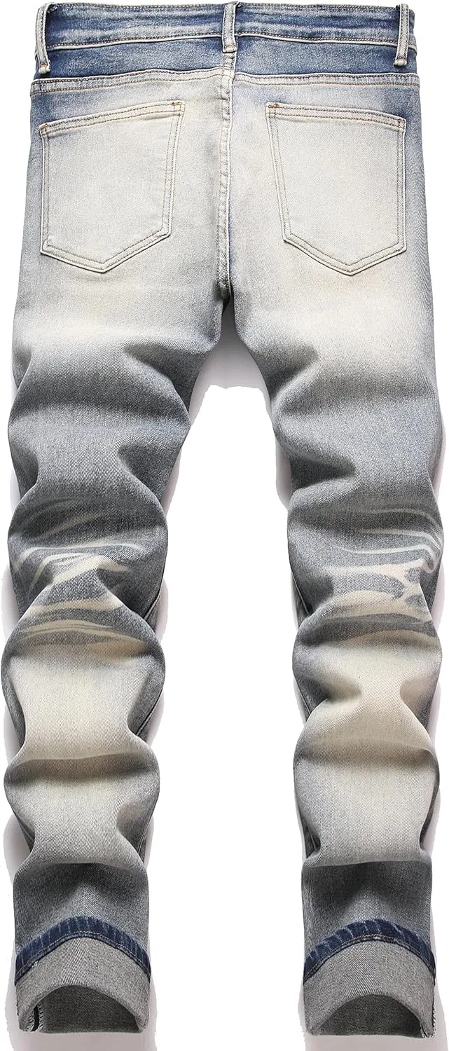 Men's Ripped Patch Elastic Jeans Fashion Slim Fit Regular Denim Pants