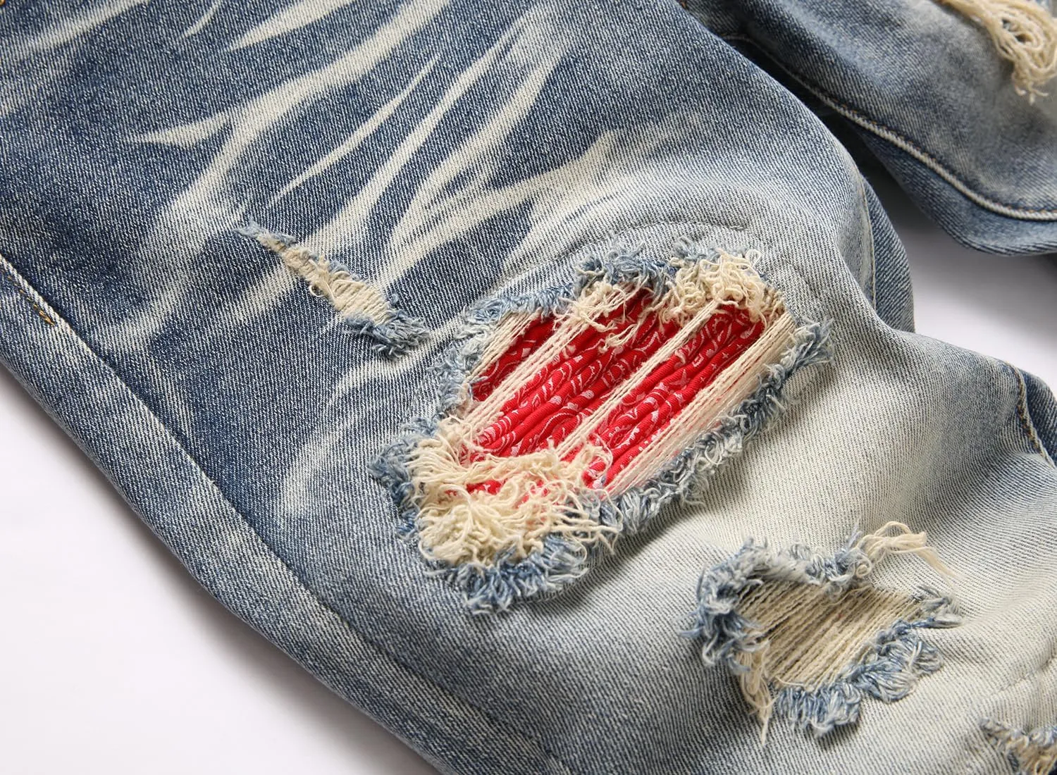 Men's Ripped Patch Elastic Jeans Fashion Slim Fit Regular Denim Pants