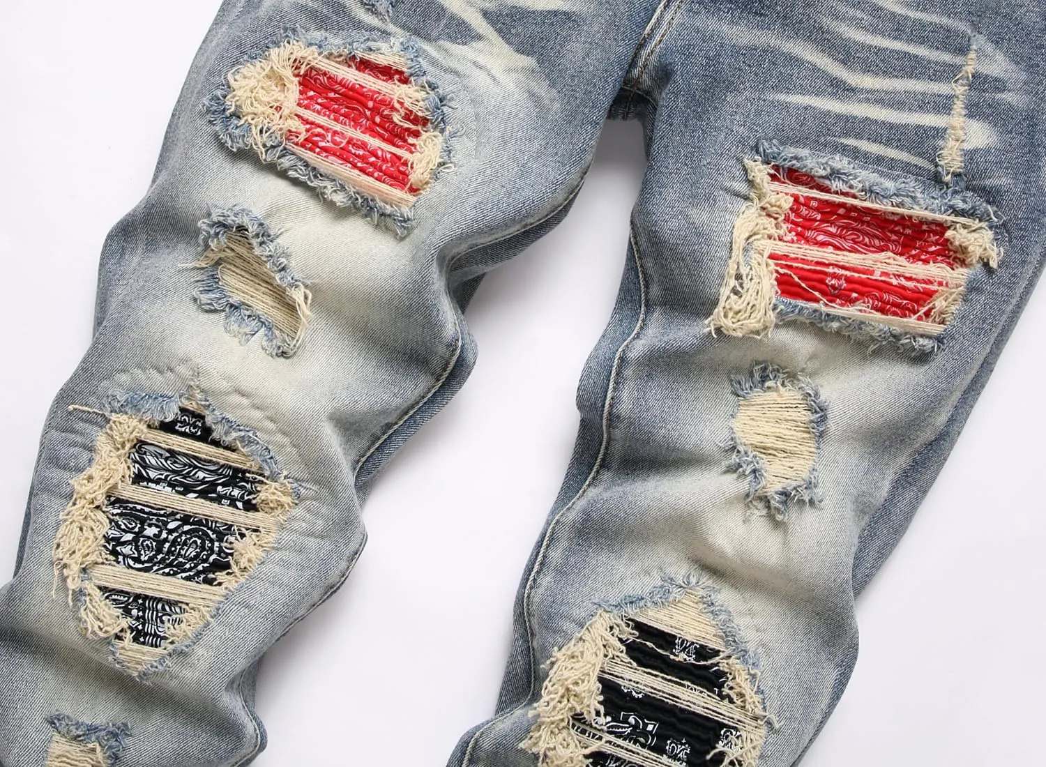 Men's Ripped Patch Elastic Jeans Fashion Slim Fit Regular Denim Pants