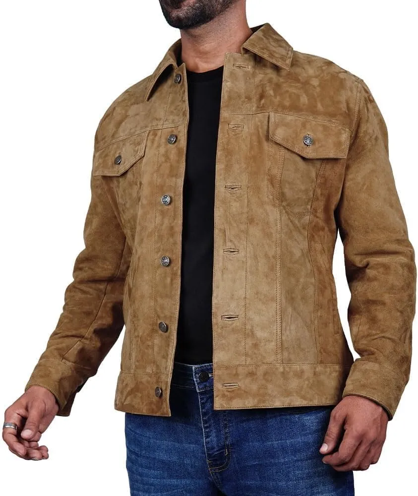 Men's Suede Leather Jacket Real Lambskin Suede Casual Leather Jackets For Men Suede Trucker Coat for Mens