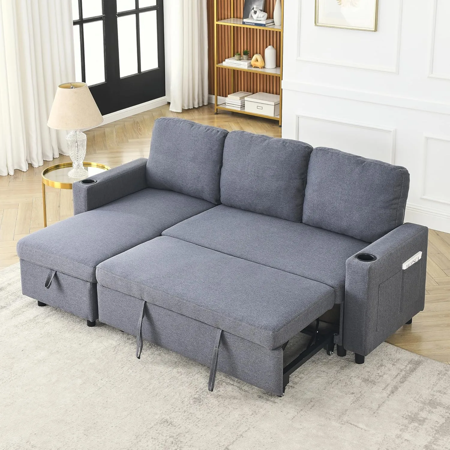 Merax 78.5" Linen L-Shaped Convertible Sofa Sofa Bed with Reversible Storage Chaise,Pull-Out Sleeper Sofabed with for Side Pockets and Cup Holders for Living Room,Office,Dark Gray