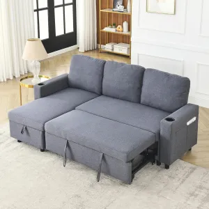 Merax 78.5" Linen L-Shaped Convertible Sofa Sofa Bed with Reversible Storage Chaise,Pull-Out Sleeper Sofabed with for Side Pockets and Cup Holders for Living Room,Office,Dark Gray