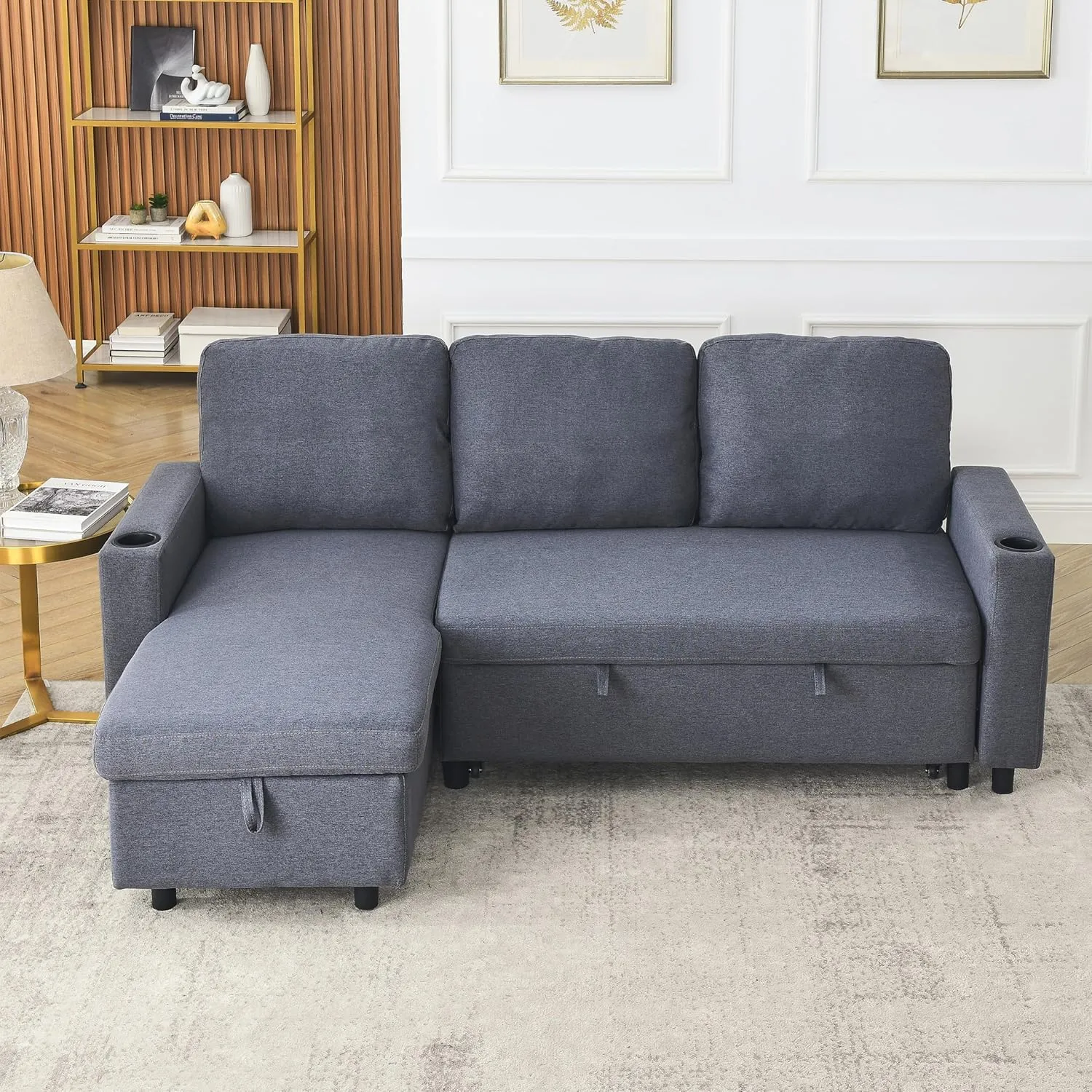 Merax 78.5" Linen L-Shaped Convertible Sofa Sofa Bed with Reversible Storage Chaise,Pull-Out Sleeper Sofabed with for Side Pockets and Cup Holders for Living Room,Office,Dark Gray