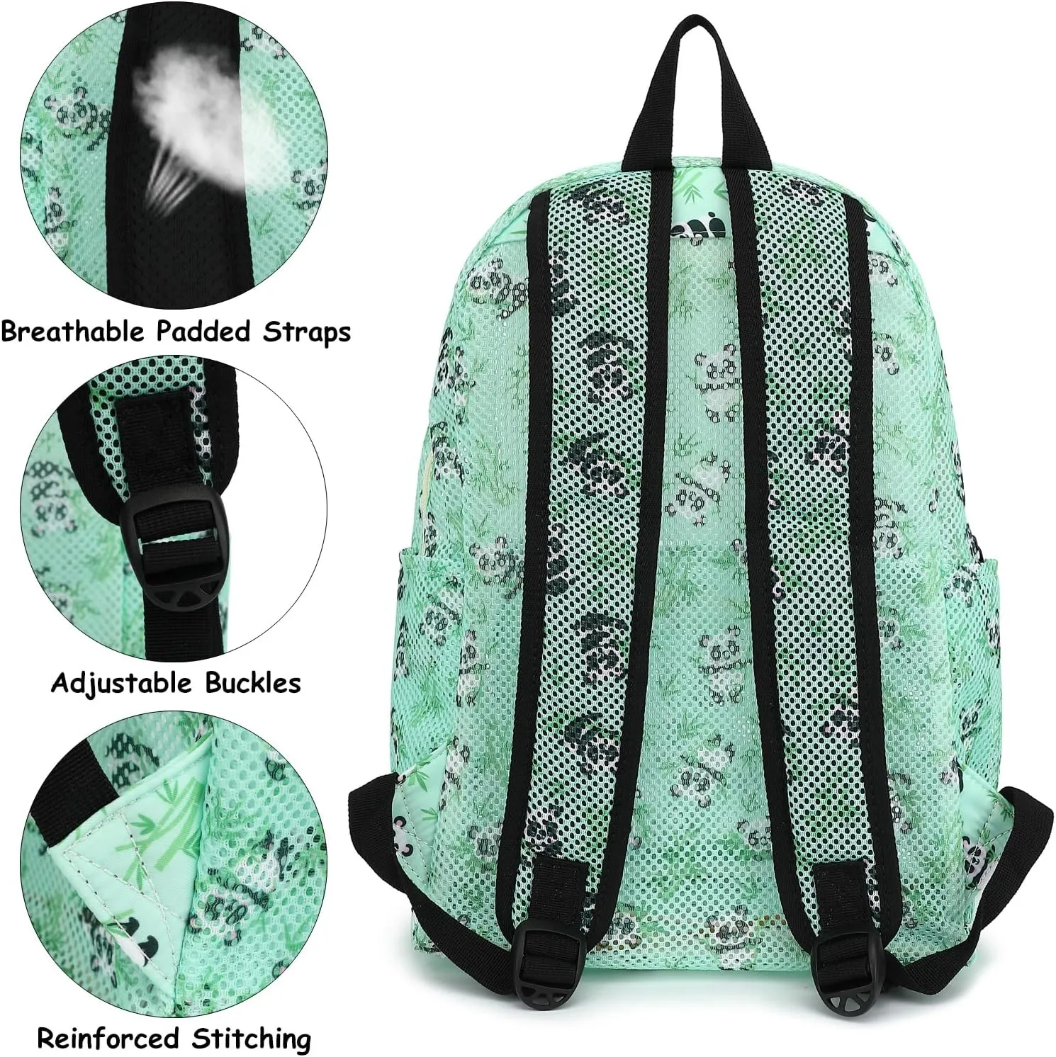 Mesh School Backpack for Girls Women, Heavy Duty See Through College Bookbag School Bag with Storage Bag (Panda Green)