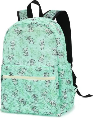 Mesh School Backpack for Girls Women, Heavy Duty See Through College Bookbag School Bag with Storage Bag (Panda Green)