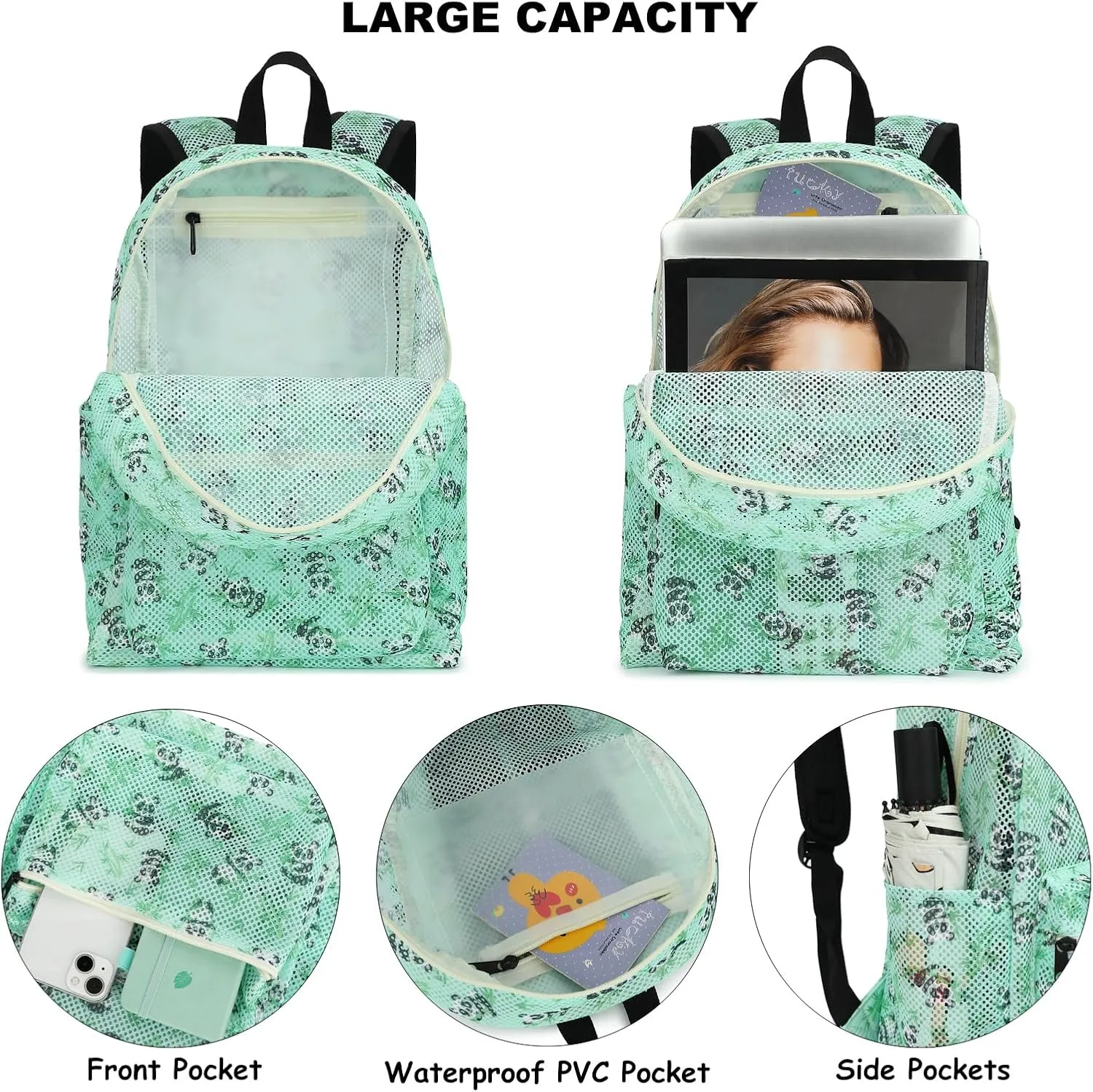 Mesh School Backpack for Girls Women, Heavy Duty See Through College Bookbag School Bag with Storage Bag (Panda Green)