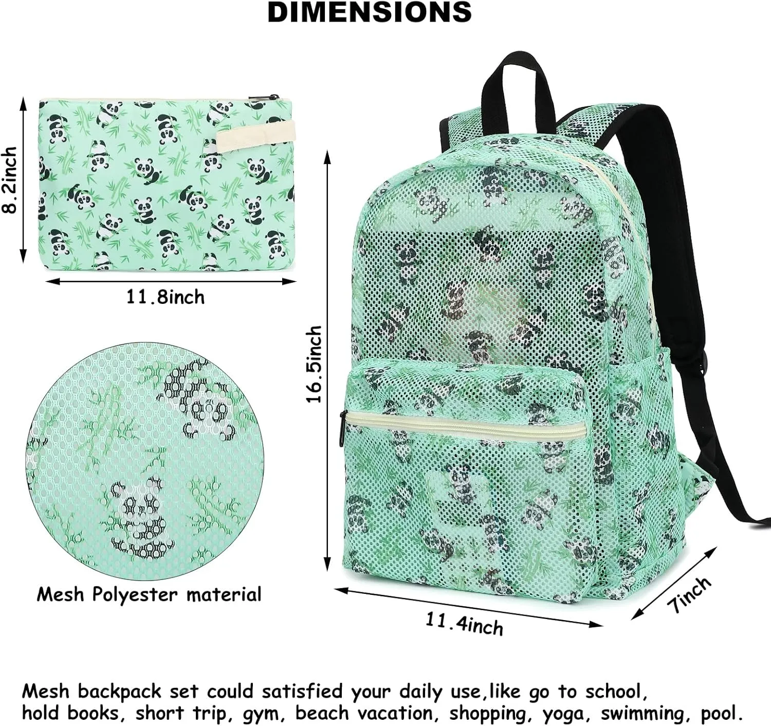 Mesh School Backpack for Girls Women, Heavy Duty See Through College Bookbag School Bag with Storage Bag (Panda Green)