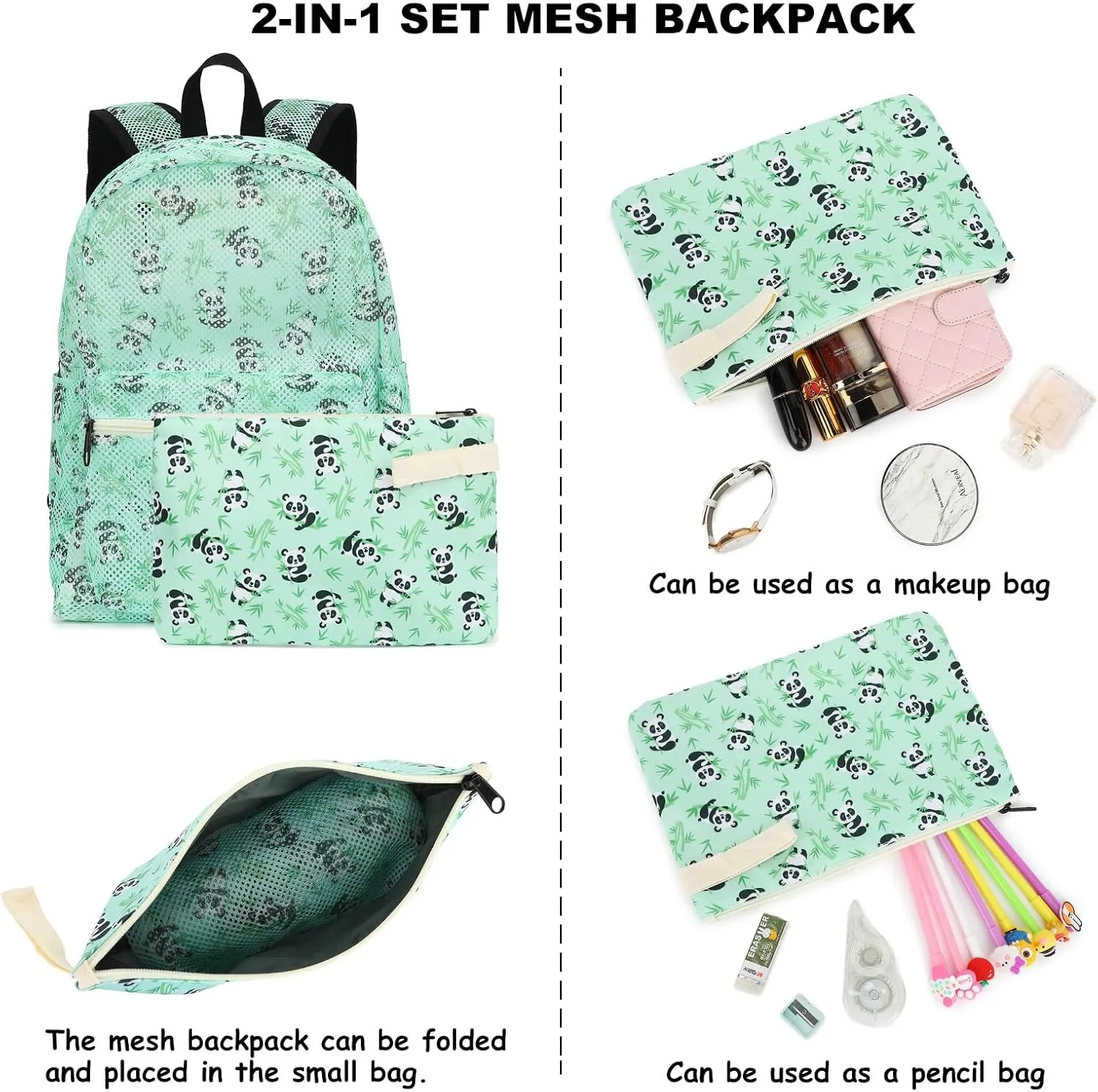 Mesh School Backpack for Girls Women, Heavy Duty See Through College Bookbag School Bag with Storage Bag (Panda Green)