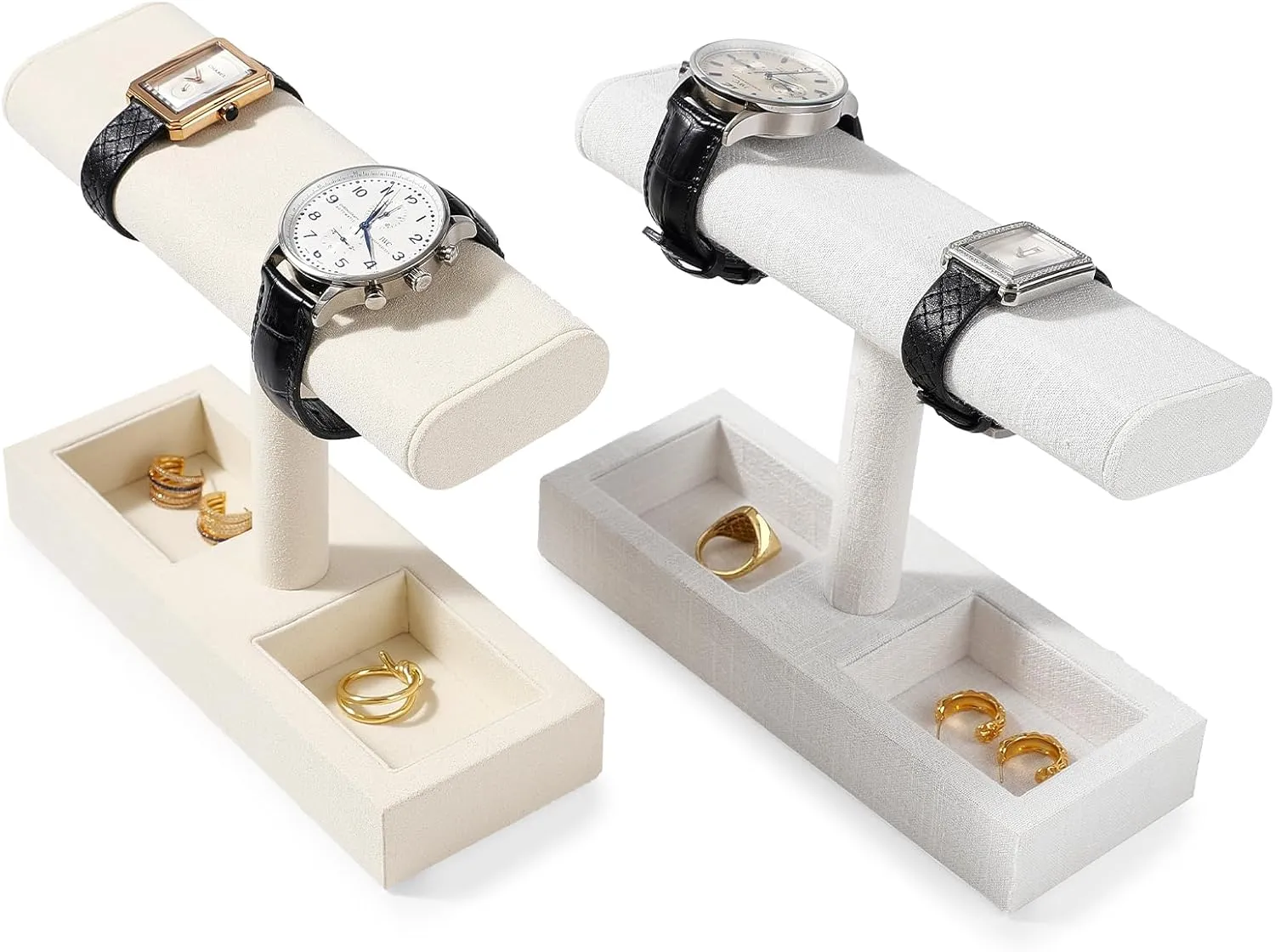 Microfiber Watch Display Stand T-bar Watch Ring Earrings Stand for Men and Women Jewelry Bracelet Wristwatch Organizer for Store and Home(Beige)