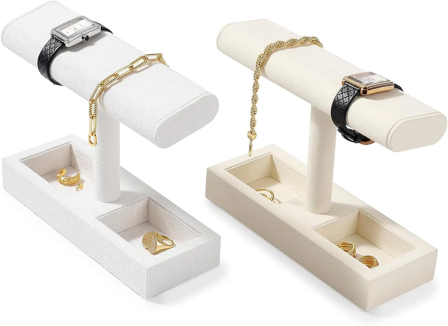 Microfiber Watch Display Stand T-bar Watch Ring Earrings Stand for Men and Women Jewelry Bracelet Wristwatch Organizer for Store and Home(Beige)