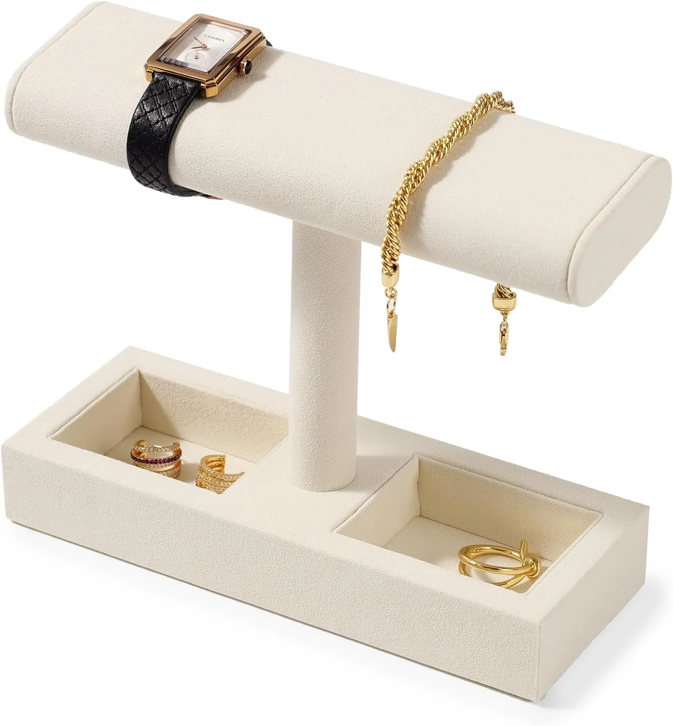 Microfiber Watch Display Stand T-bar Watch Ring Earrings Stand for Men and Women Jewelry Bracelet Wristwatch Organizer for Store and Home(Beige)
