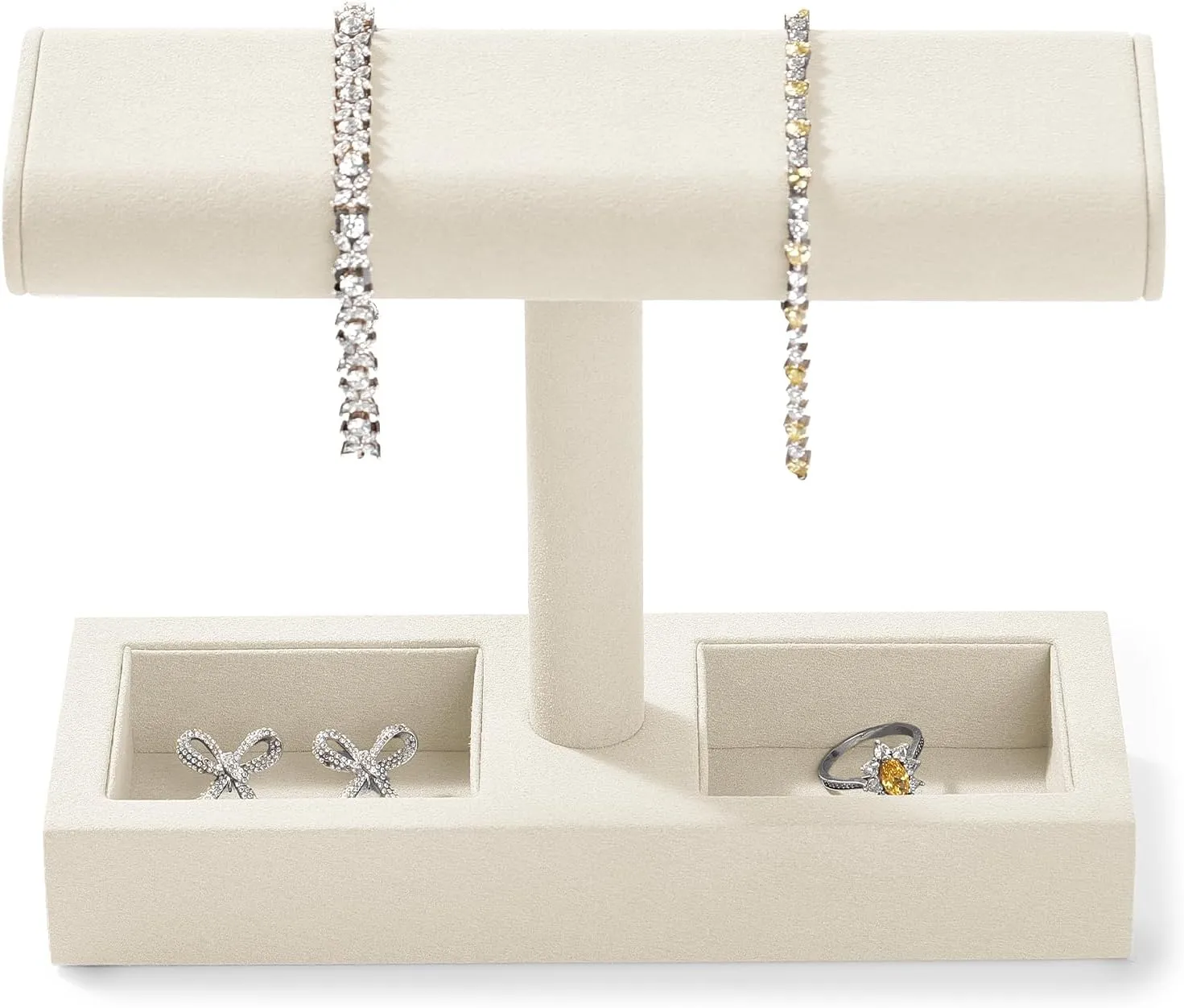 Microfiber Watch Display Stand T-bar Watch Ring Earrings Stand for Men and Women Jewelry Bracelet Wristwatch Organizer for Store and Home(Beige)