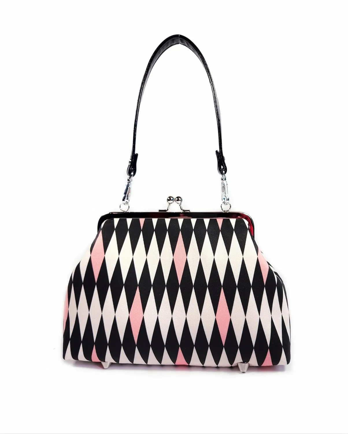 Midcentury Purse, Pink & Black Harlequin Kisslock, Atomic Shoulder Bag, Vintage Style Crossbody Bag, Retro Style Purse (17 Inch Handbag Strap)
