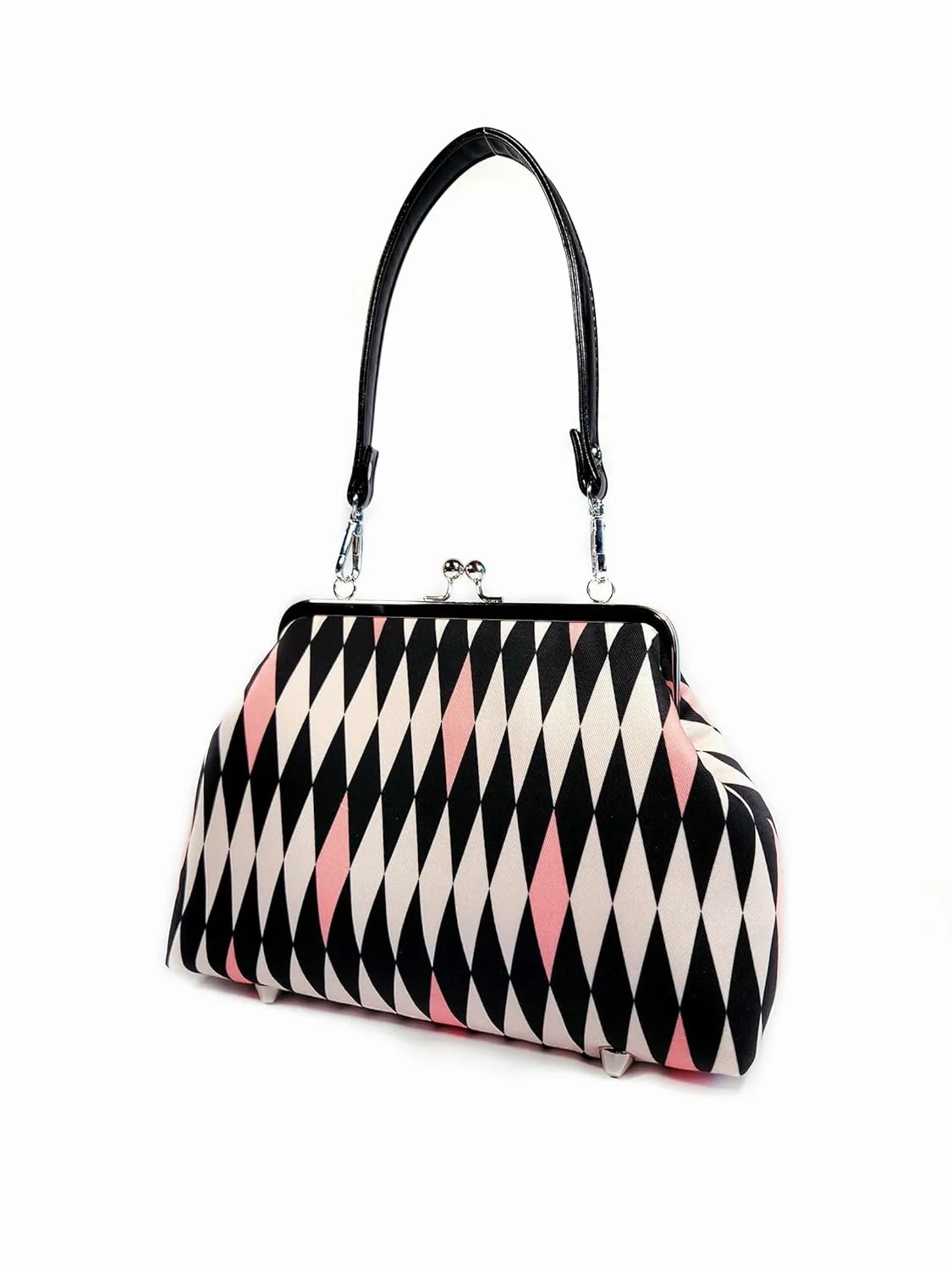 Midcentury Purse, Pink & Black Harlequin Kisslock, Atomic Shoulder Bag, Vintage Style Crossbody Bag, Retro Style Purse (17 Inch Handbag Strap)