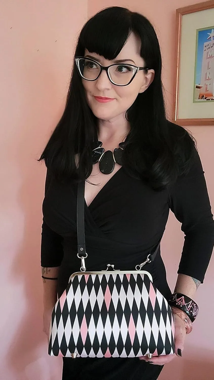 Midcentury Purse, Pink & Black Harlequin Kisslock, Atomic Shoulder Bag, Vintage Style Crossbody Bag, Retro Style Purse (17 Inch Handbag Strap)