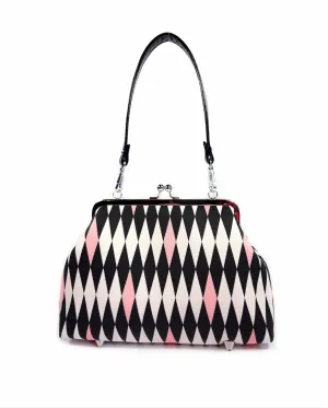 Midcentury Purse, Pink & Black Harlequin Kisslock, Atomic Shoulder Bag, Vintage Style Crossbody Bag, Retro Style Purse (17 Inch Handbag Strap)