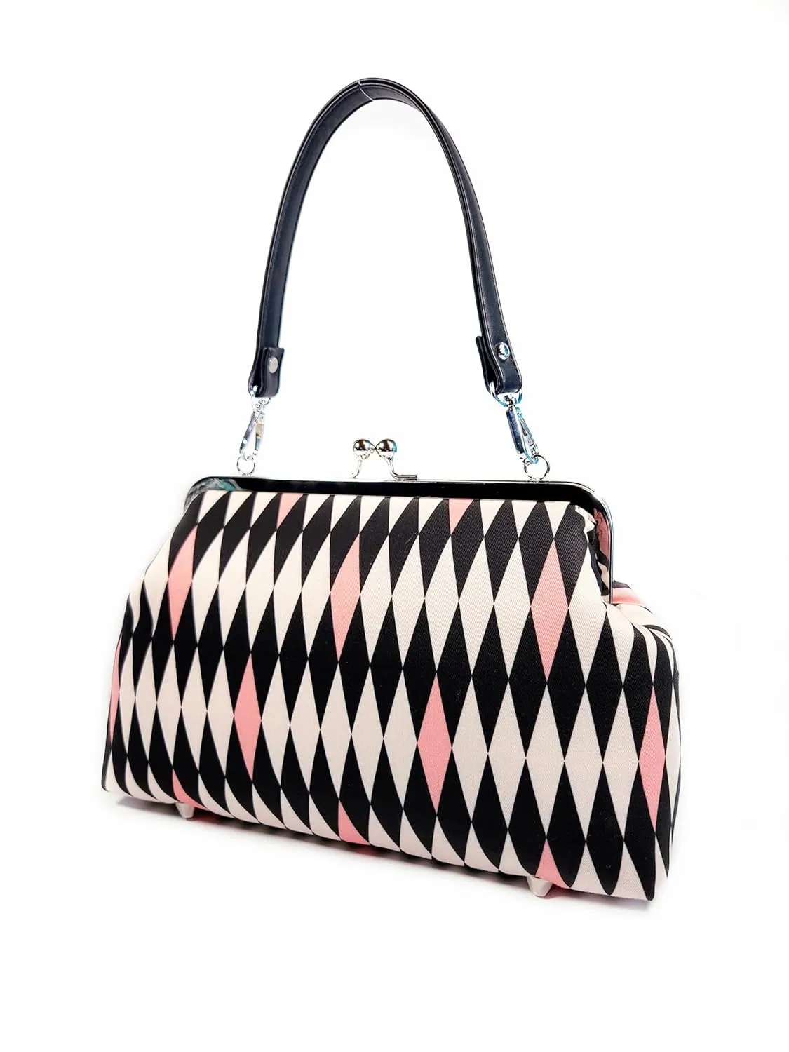 Midcentury Purse, Pink Harlequin Shoulder Bag, Large Kisslock Purse, Vintage Style Crossbody Bag, Novelty Purse, Gift for Her (17 Inch Handbag Strap)