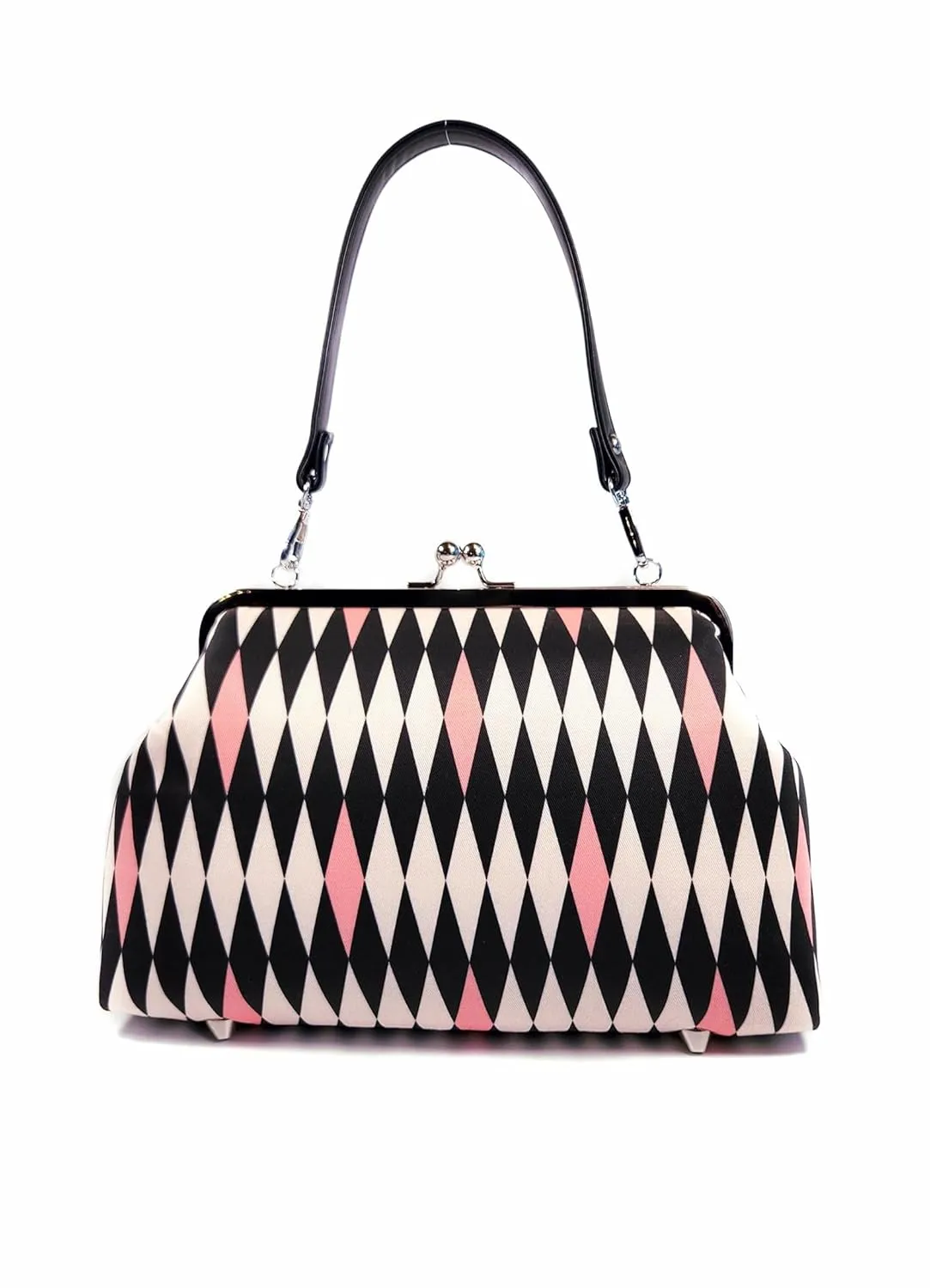 Midcentury Purse, Pink Harlequin Shoulder Bag, Large Kisslock Purse, Vintage Style Crossbody Bag, Novelty Purse, Gift for Her (17 Inch Handbag Strap)