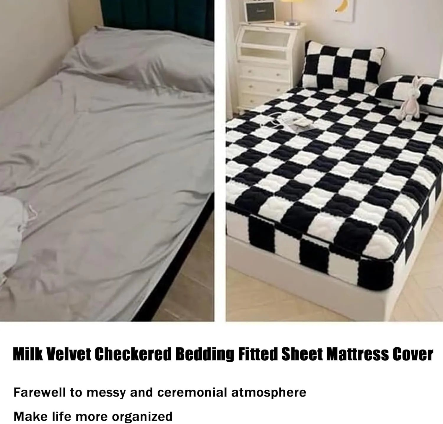 Milk Velvet Sheets, Milk Velvet Checkered Bedding Fitted Sheet Mattress Cover, Flannel Fluffy Mattress Twin Bed Non-Slip Protector Queen Size Fitted Sheet (B,Twin)