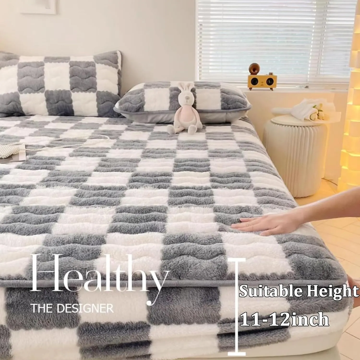 Milk Velvet Sheets, Milk Velvet Checkered Bedding Fitted Sheet Mattress Cover, Flannel Fluffy Mattress Twin Bed Non-Slip Protector Queen Size Fitted Sheet (B,Twin)