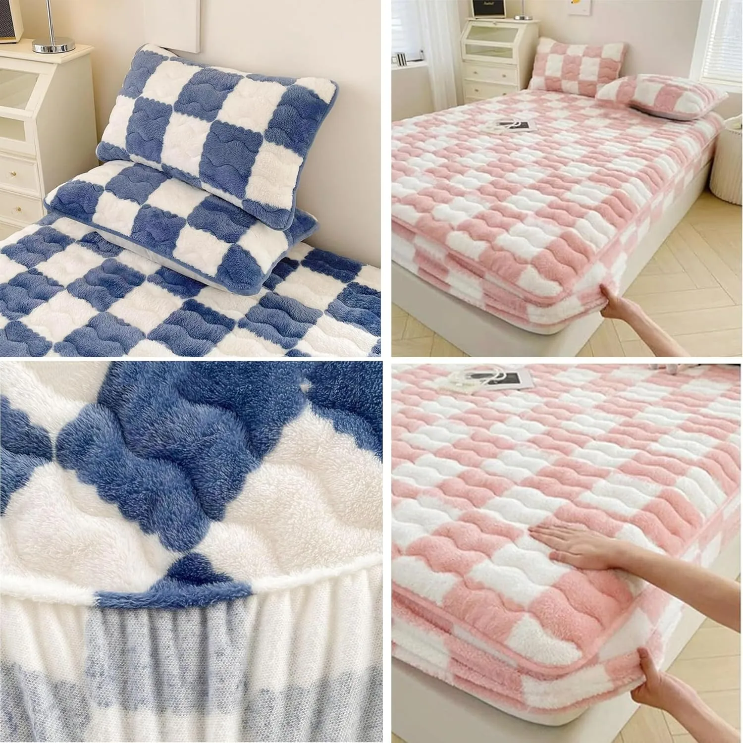 Milk Velvet Sheets, Milk Velvet Checkered Bedding Fitted Sheet Mattress Cover, Flannel Fluffy Mattress Twin Bed Non-Slip Protector Queen Size Fitted Sheet (B,Twin)