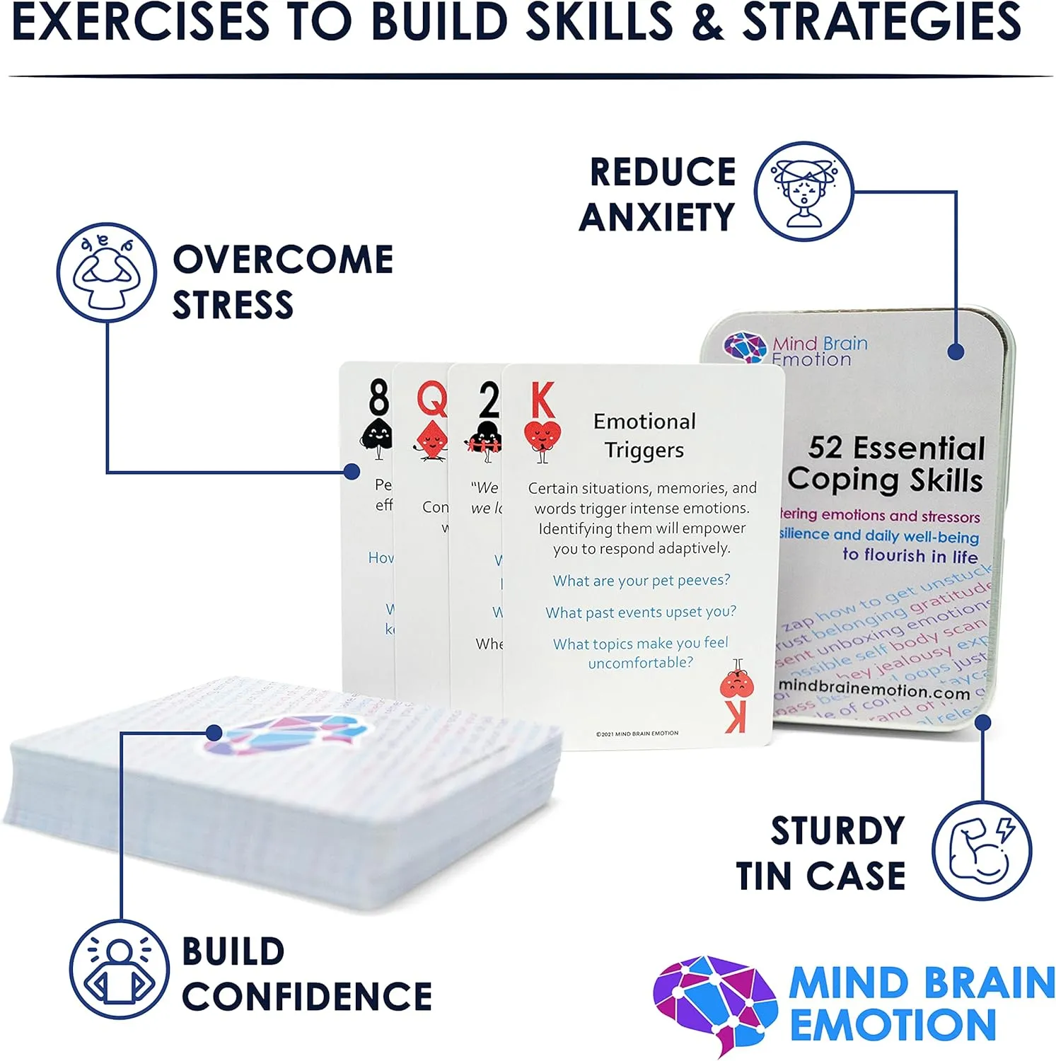 Mind Brain Emotion 52 Essential Coping Skills Cards - Self Care Exercises for Stress and Social Anxiety Relief - Resilience, Emotional Agility, Confidence Therapy Games for Teens, Adults