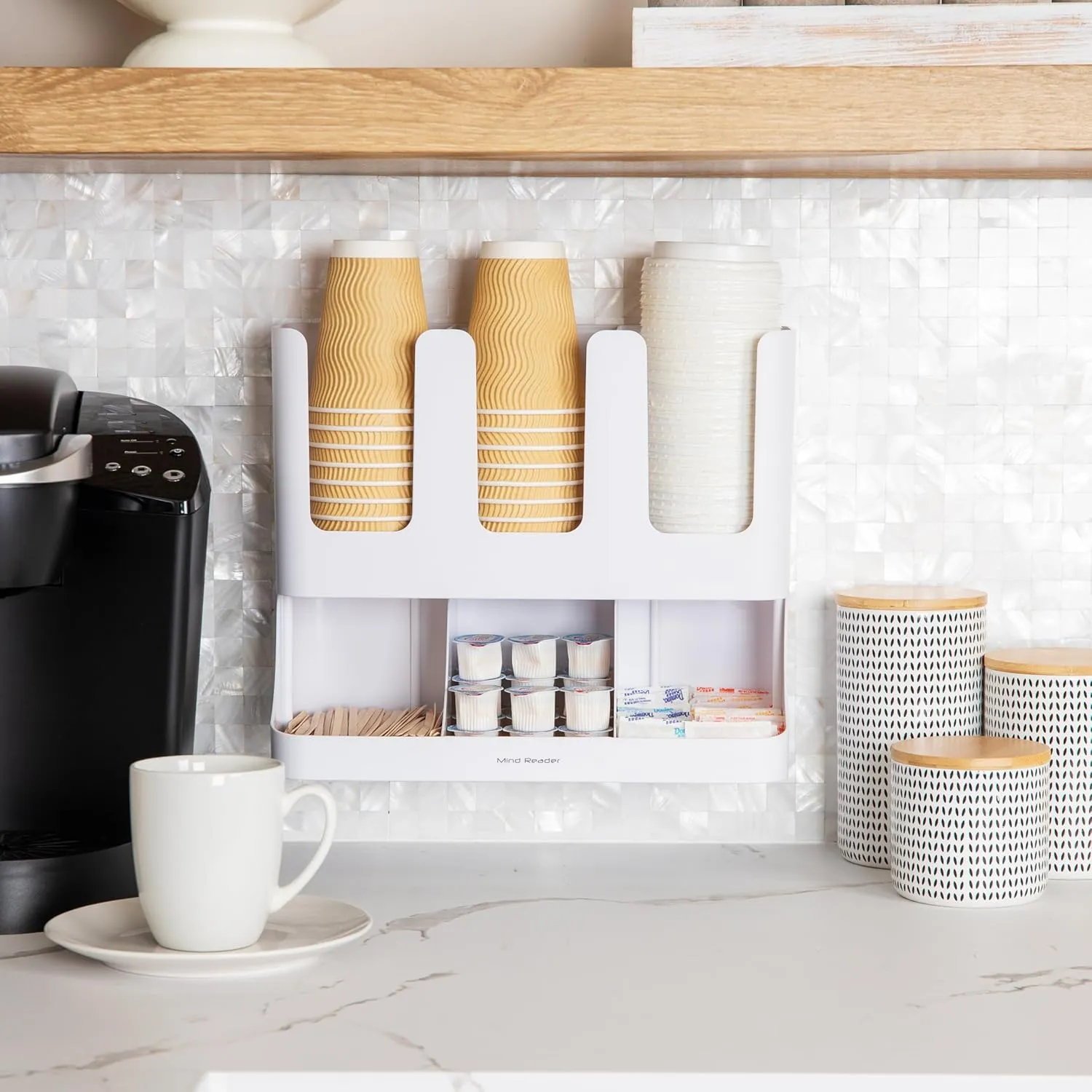 Mind Reader 6 Compartment Upright Breakroom Coffee Condiment and Cup Storage Organizer, White