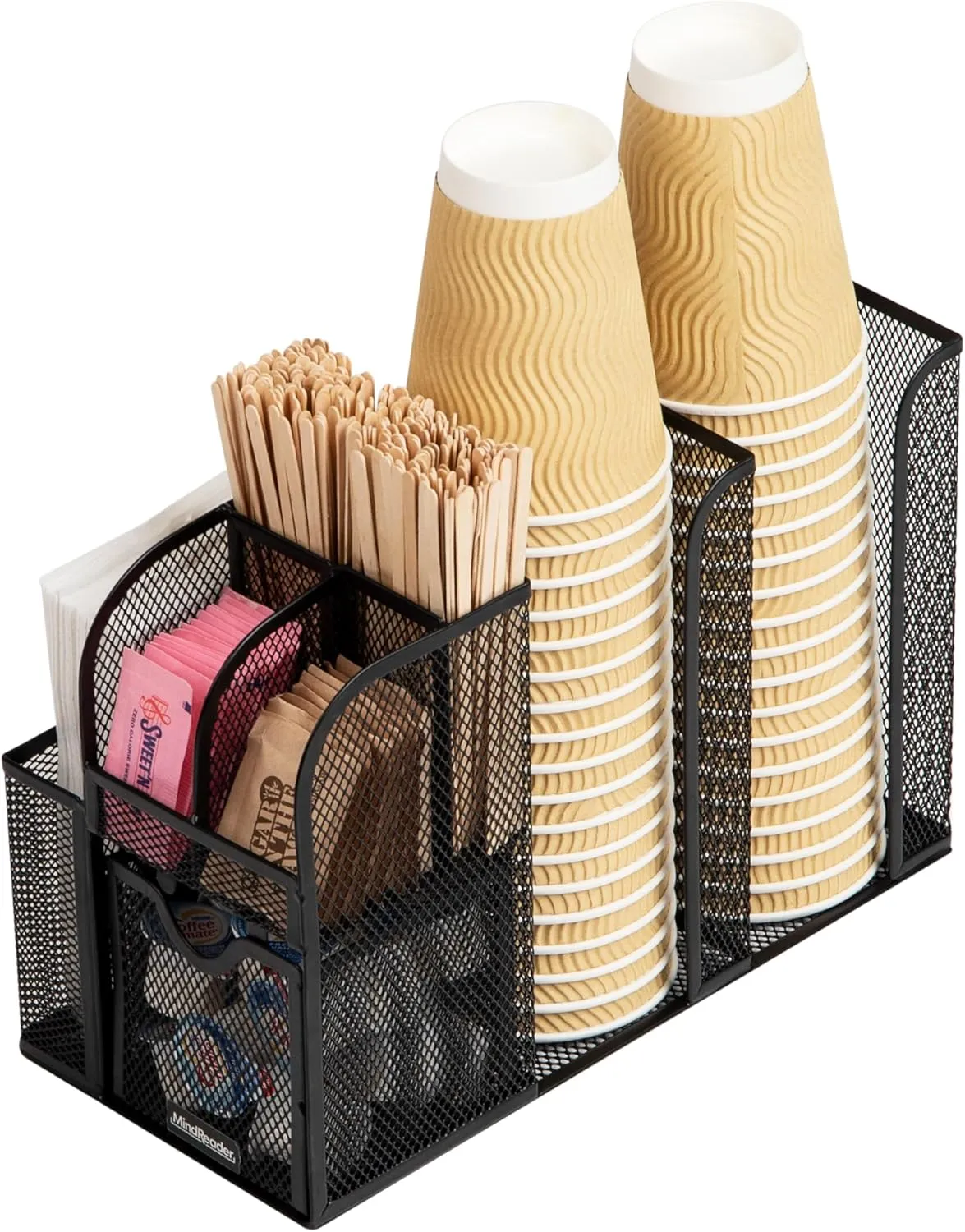 Mind Reader Cup and Condiment Station, Countertop Organizer, Coffee Bar, Kitchen, Metal Mesh, 5.5" L x 11" W x 11.5" H, Black