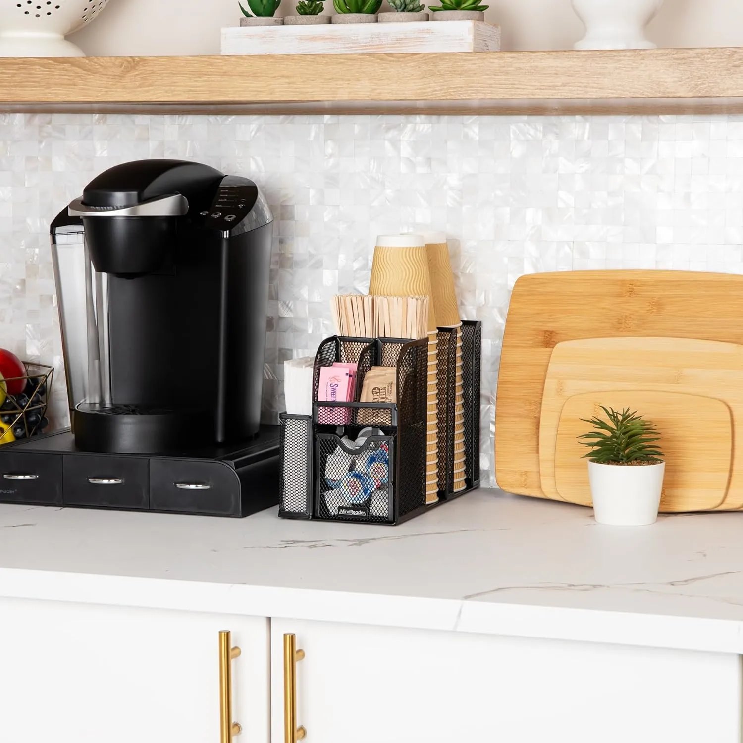 Mind Reader Cup and Condiment Station, Countertop Organizer, Coffee Bar, Kitchen, Metal Mesh, 5.5" L x 11" W x 11.5" H, Black