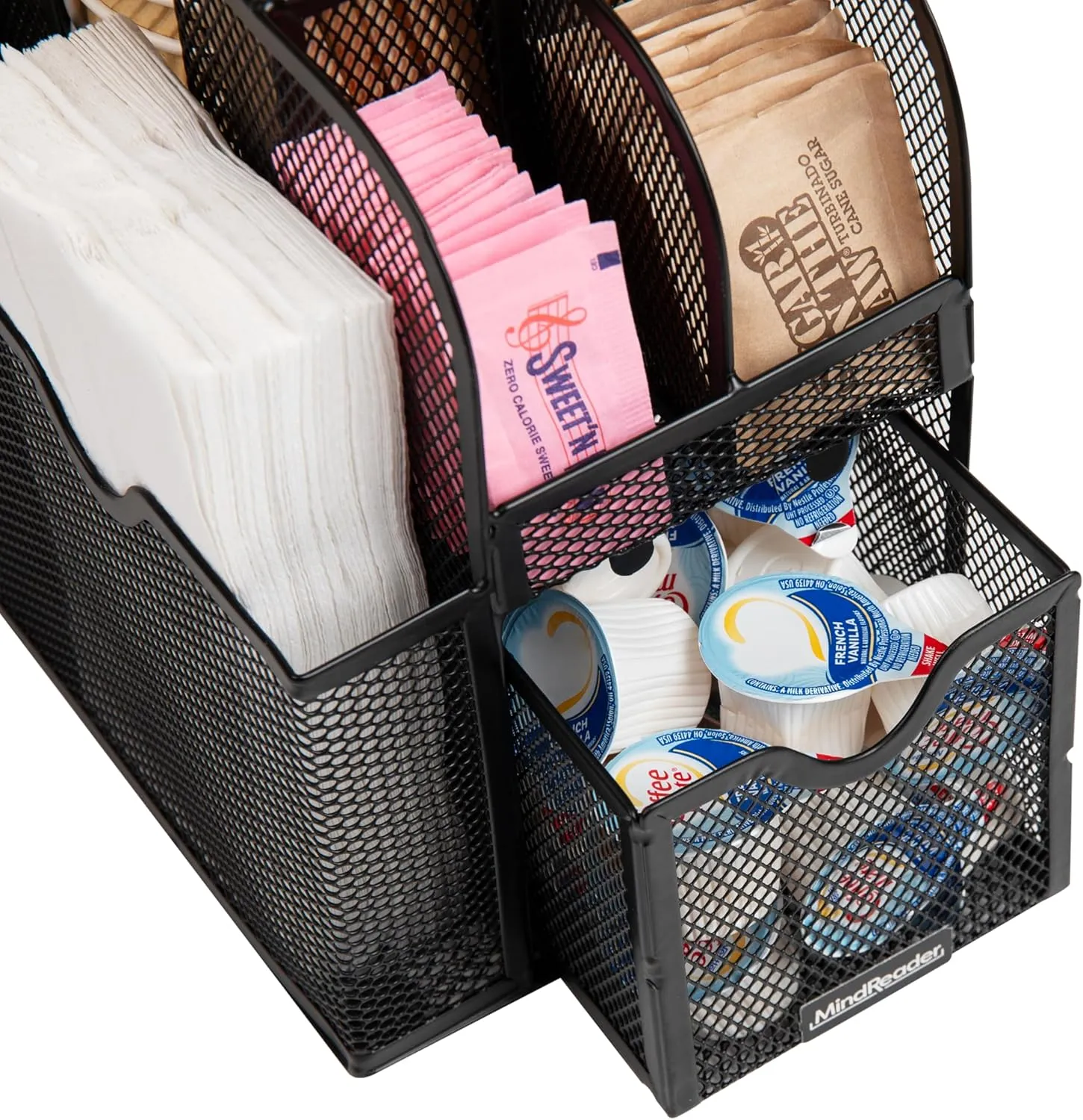Mind Reader Cup and Condiment Station, Countertop Organizer, Coffee Bar, Kitchen, Metal Mesh, 5.5" L x 11" W x 11.5" H, Black