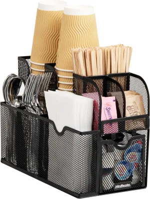 Mind Reader Cup and Condiment Station, Countertop Organizer, Coffee Bar, Kitchen, Metal Mesh, 5.5" L x 11" W x 11.5" H, Black