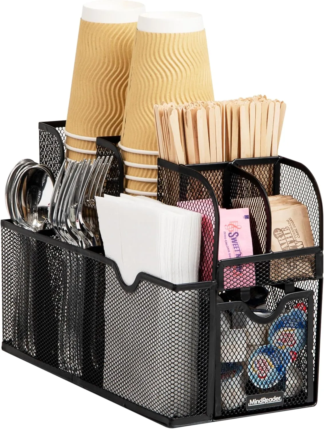 Mind Reader Cup and Condiment Station, Countertop Organizer, Coffee Bar, Kitchen, Metal Mesh, 5.5" L x 11" W x 11.5" H, Black