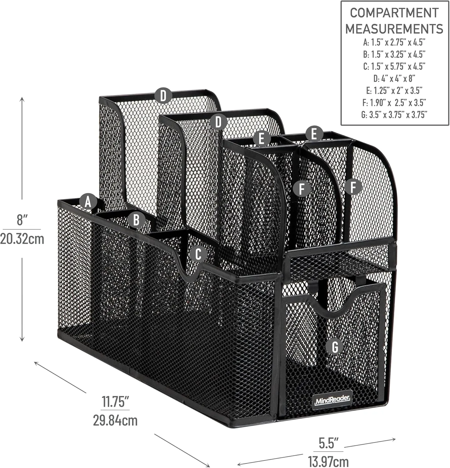 Mind Reader Cup and Condiment Station, Countertop Organizer, Coffee Bar, Kitchen, Metal Mesh, 5.5" L x 11" W x 11.5" H, Black