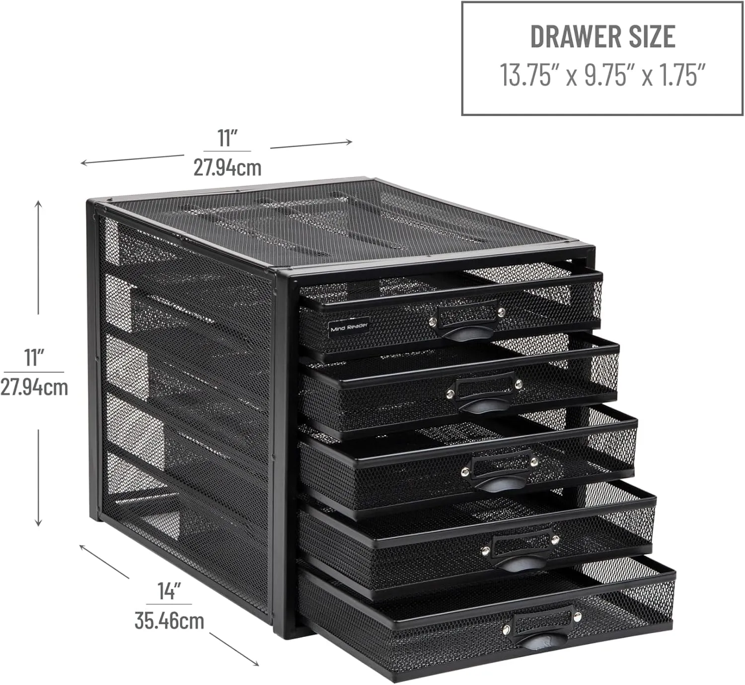 Mind Reader File Storage Drawers, Desk Organizer, Multi-Purpose, Crafts, Office, Metal Mesh, 11"L x 14"W x 11"H, Black, 5 Drawer